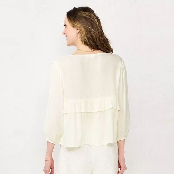Lauren Conrad Smocked Ruffle Top Ivory Bohemian XL - Picture 7 of 8